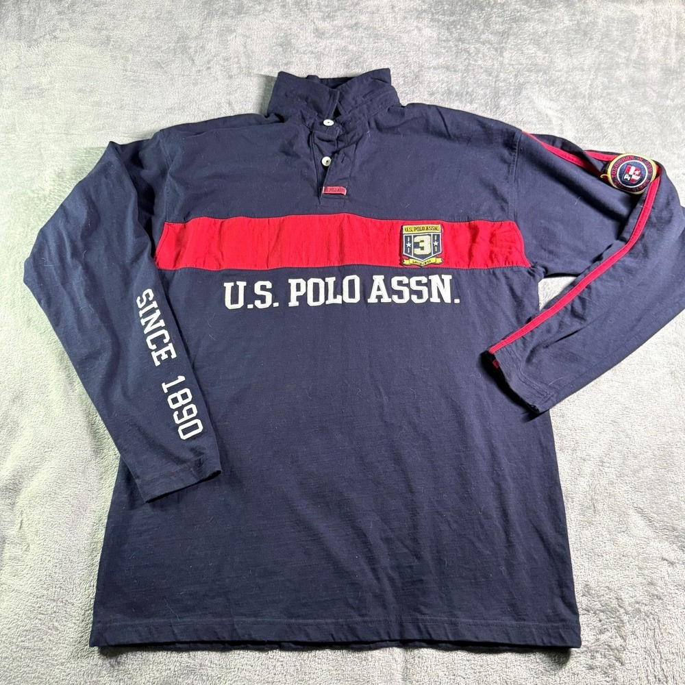 VTG US Polo Assn Mens XL Long Sleeve Rugby Shirt Navy Red Colorblock